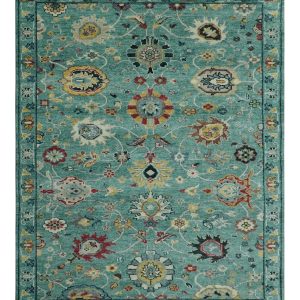 Teal And Yellow Modern Oushak Style Hand Knotted Custom Made Wool Rug