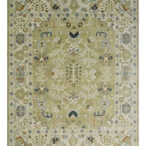 Hand Knotted Custom Made Olive. Silver and Beige Traditional Wool Rug