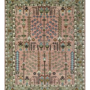 Pink. Olive and Beige Traditional Vintage Heriz Serapi Wool Rug