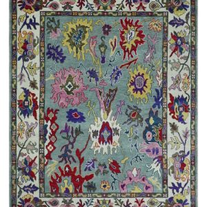 Vibrant colorful Gray And Ivory Hand Knotted Traditional Oushak wool Area Rug