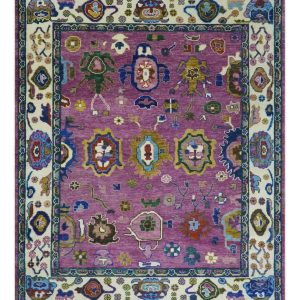 Purple And Ivory Hand knotted Modern Oushak Wool Area Rug