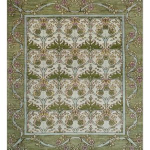 Custom Made Hand Knotted Ivory and Green Floral Traditional Antique Style Wool Area Rug
