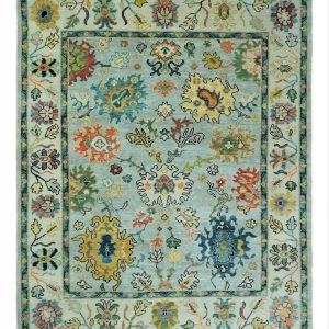 Vibrant Colorful Aqua. Ivory. Gold and Rust Hand Knotted Traditional Oushak Multi Size wool Area Rug