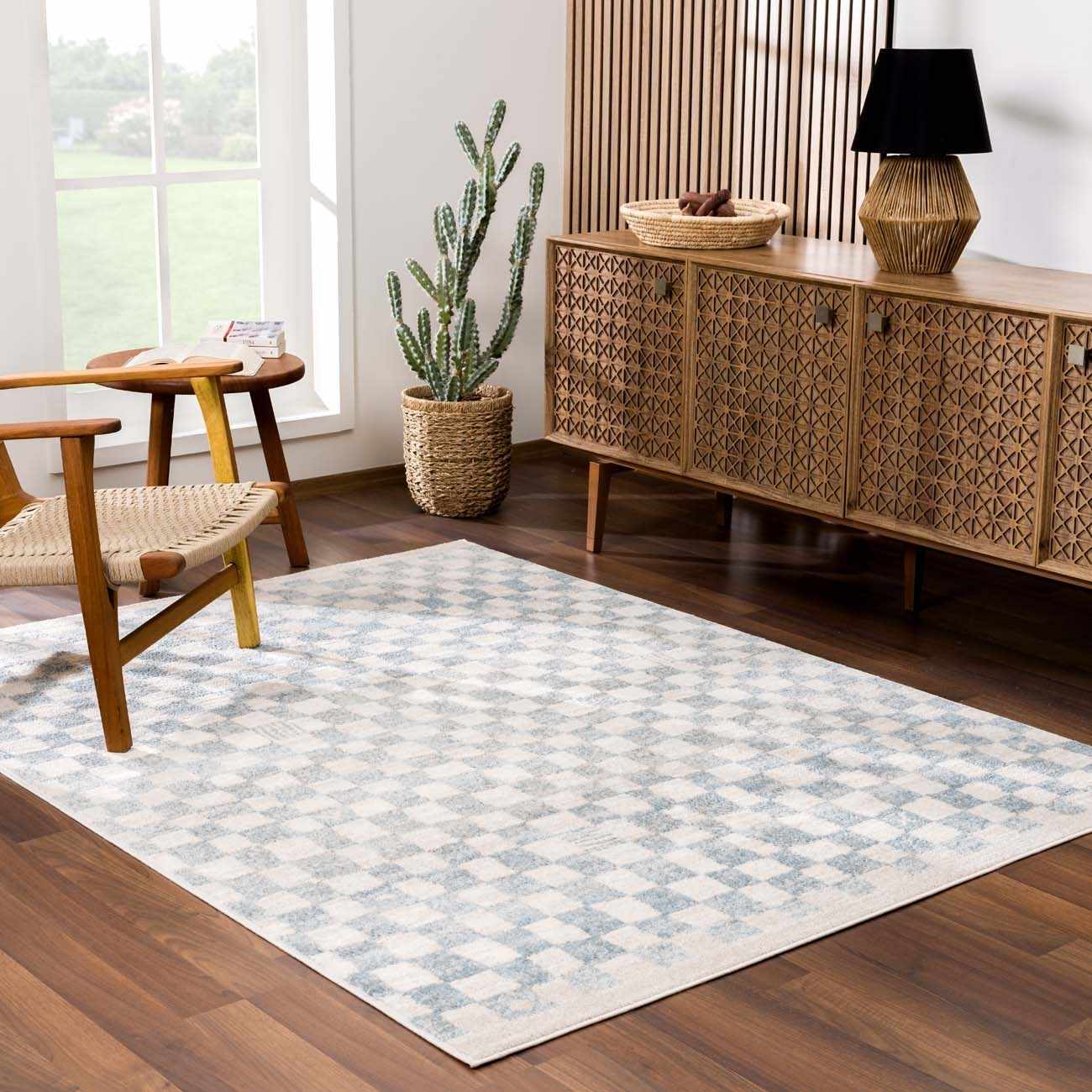 Benjy Cream & Light Blue Checkered Area Rug - Image 15