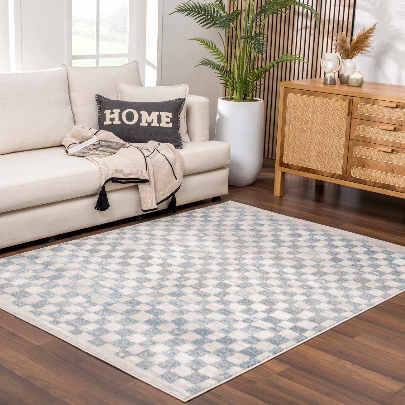 Benjy Cream & Light Blue Checkered Area Rug - Image 3