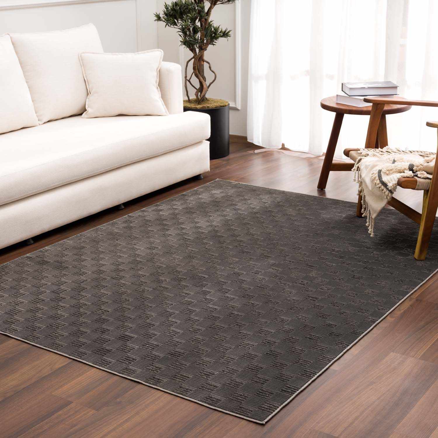 Truls 3D Checkered Washable Rug - Black - Image 6