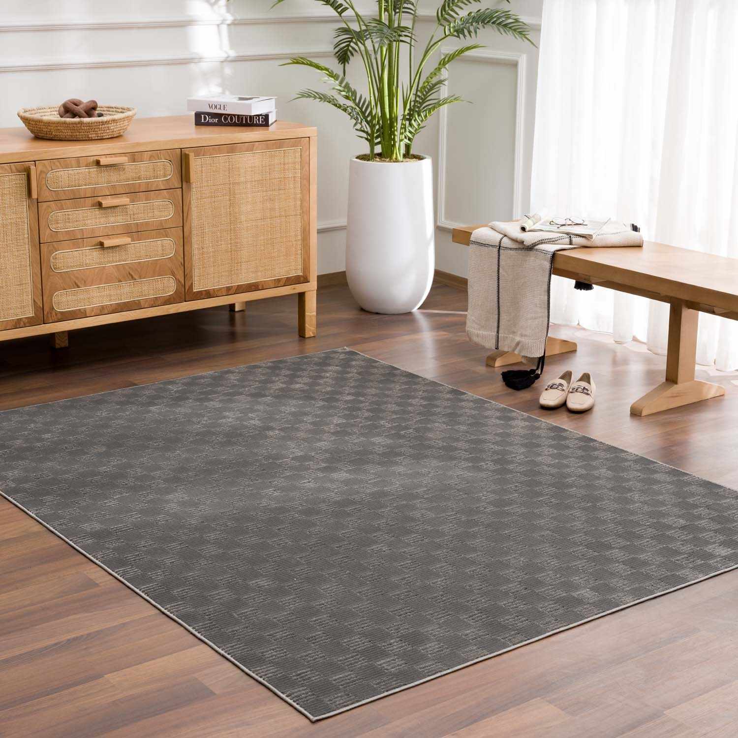 Truls 3D Checkered Washable Rug - Black - Image 3
