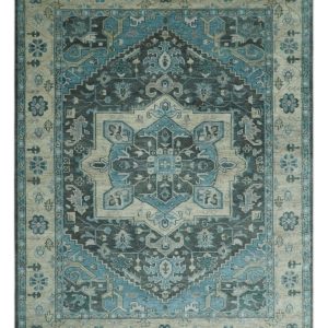 Antique look Hand Knotted Beige and Blue Traditional Heriz Wool Area Rug