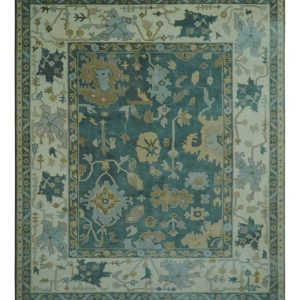 Antique Style Hand Knotted Teal and Ivory Oushak Multi Size wool Rug