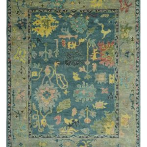Antique look Teal and Olive Hand Knotted Traditional Oushak Custom Made wool rug
