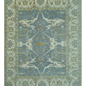 Antique Style Grayish Blue and Ivory Hand Knotted Custom Made Wool Rug