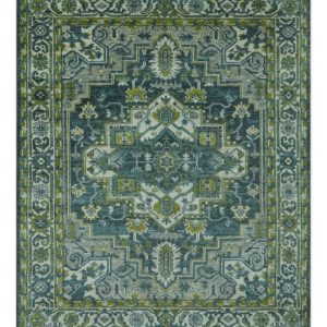 Antique Style Hand Knotted Teal. Gray and Green Traditional multi Size wool rug