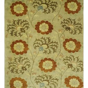 Antique Modern Floral Olive and Rust Hand Knotted Wool Rug