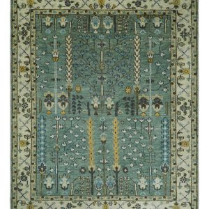Hand Knotted Aqua Green and Ivory Traditional Turkish Vintage Style Multi Size Wool Area Rug