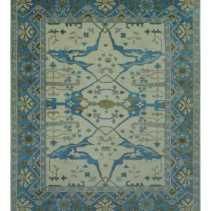 Beige and Blue Hand Knotted Oushak Custom Made wool Rug
