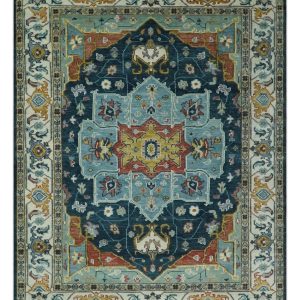 Custom Made Blue and Ivory Hand Knotted Modern Turkish Medallion Design Wool Area Rug