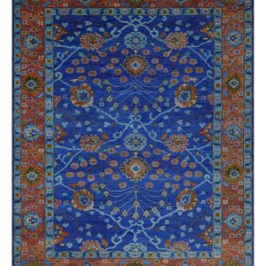 Blue and Rust Hand Knotted Traditional Floral Oushak Multi Size Wool Area Rug