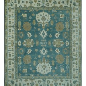 Blue. Beige And Green Traditional Hand Knotted Custom Made Wool rug