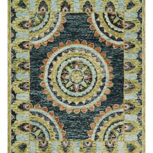 Hand Tufted Blue. Rust and Moss Gold Colorful Wool Area Rug