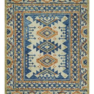 Ready To Ship Bohemian Southwestern Hand Tufted Blue. Gold and Beige Wool Rug