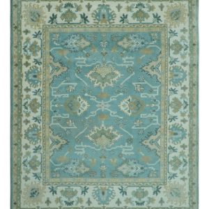 Custom Made Aqua and Beige Hand Knotted Traditional Wool Rug