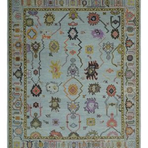 Custom Made Aqua and Green Hand knotted Traditional Oushak wool area Rug