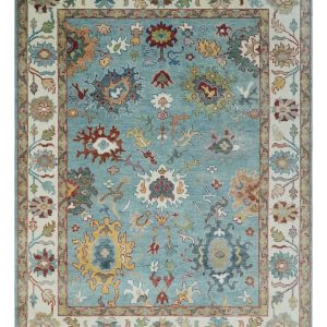Custom Made Aqua and Ivory hand knotted Vibrant colorful Traditional Oushak Wool Area Rug