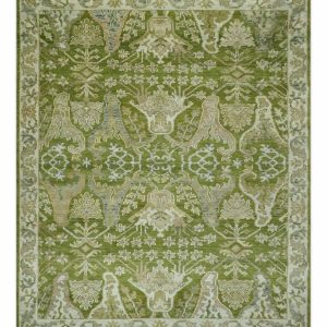 Custom Made Green and Ivory Traditional Dragon Oushak Design Hand knotted wool rug