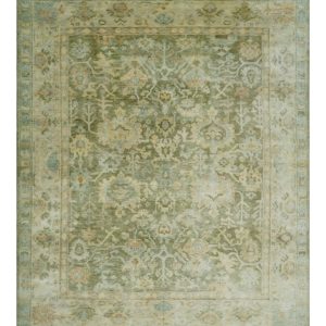 Custom Made Hand Knotted Antique Finish Green. Aqua and Beige Traditional Wool Rug