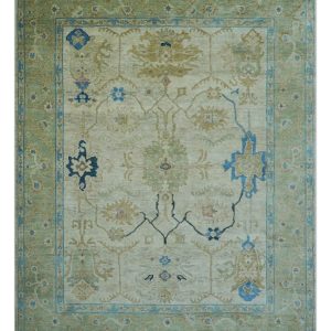 Custom Made Hand Knotted Beige and Blue Traditional Turkish Wool Rug