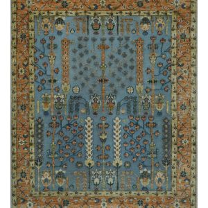 Custom Made Hand Knotted Blue and Rust Tree Design Low pile Wool Area Rug