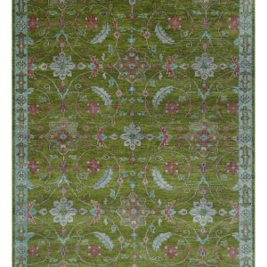 Custom Made Hand Knotted Green. Silver and Maroon Traditional Wool Area Rug