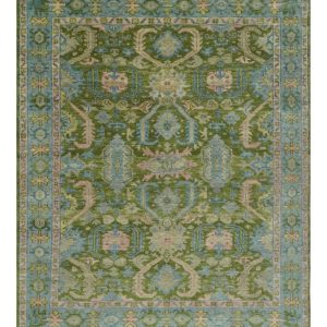 Custom Made Hand Knotted Green. Silver and Peach Traditional Oushak Wool Area Rug