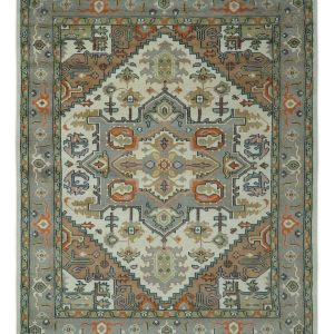 Custom Made Ivory. Silver. Peach and Olive Hand Knotted Traditional Heriz wool Area Rug