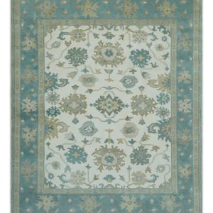 Custom Made Ivory. Teal and Beige Floral Hand Knotted Traditional Oushak Wool Area Rug