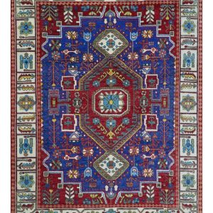 Custom Made Maroon. Blue and ivory Hand Knotted Traditional Wool Rug