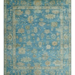 Custom Made Oushak Hand Knotted Blue and Beige Traditional Wool Rug