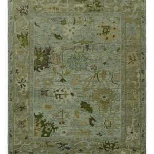 Custom Made Silver and Green Hand Knotted Traditional Oushak wool area rug