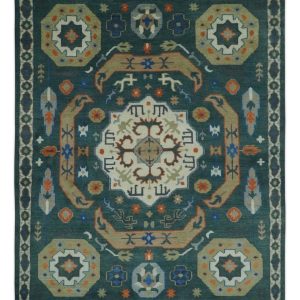 Custom Made Teal and Ivory Hand Knotted Traditional Mamluk Design wool Rug