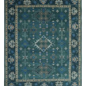 Custom Made Teal. Blue. Peach and Silver Hand Knotted Traditional Heriz wool Area Rug