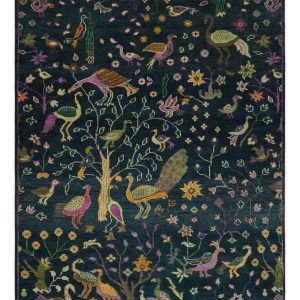 Custom Made The Jungle Life Peacock on tree Rug Hand Knotted Blue and Green Wool Rug