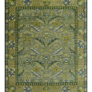 Custom Made Traditional Floral Green and Blue Hand Knotted wool area rug