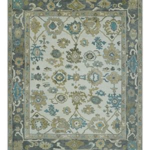 Custom Made Traditional Ivory and Charcoal Hand knotted Oushak Wool Area Rug