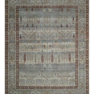 Distress Finish Tree of life Gray. Ivory. Brown and Olive Traditional Floral Hand knotted 8x10 wool Area Rug