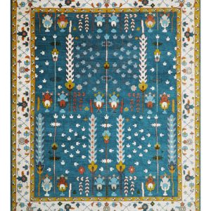 Fine Teal And Ivory Traditional Tree of life Hand Knotted Wool Rug