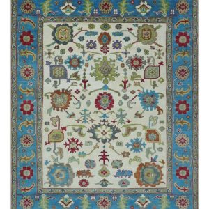 Fine Traditional Ivory and Blue Colorful Hand knotted Oushak Wool Area Rug