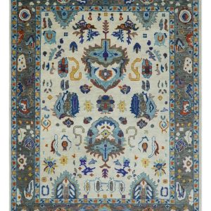 Hand Knotted Ivory. Charcoal and Blue Traditional Oushak Multi size Wool Area Rug