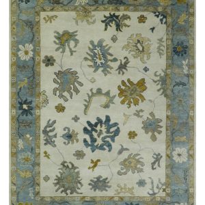 Hand Knotted Ivory. Silver and Blue Traditional Oushak Custom Made Wool Area Rug