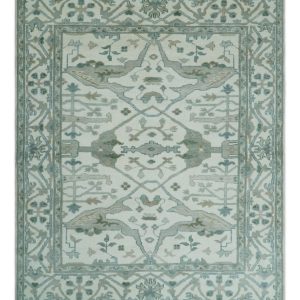 Custom Made Hand Knotted Oriental Oushak Ivory and Teal Wool Area Rug