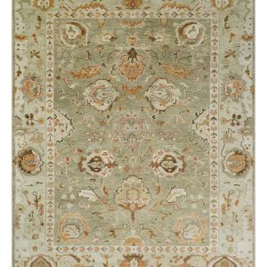 Hand Knotted Antique Olive and Ivory Traditional Persian Vintage Oushak Wool Rug | TRDCP707